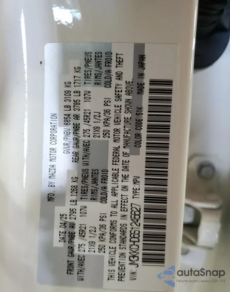 2025 Mazda Cx-90 Premium Sport z USA, uszkodzony, nr VIN JM3KKCHD6S1245627